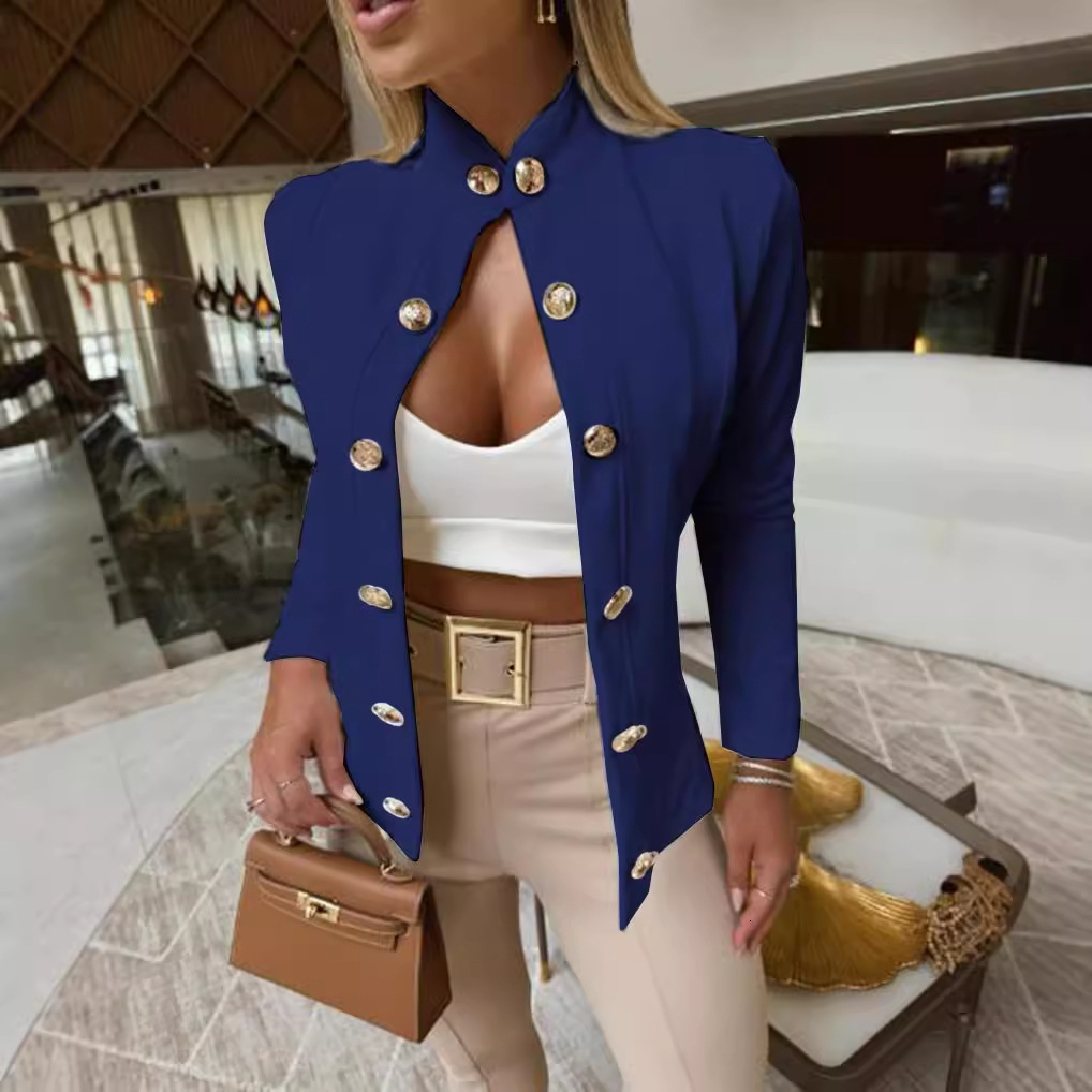 2024 new autumn and winter stand up collar slim fit long sleeved double breasted small suit for women