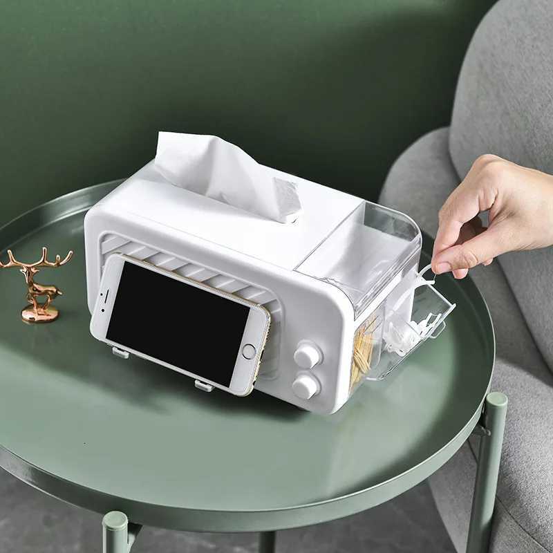 Multifunctional Tissue Box with Phone Holder Side Storage Side drawer for toothpicks/wires Smooth Pull for Home OfficeM251124