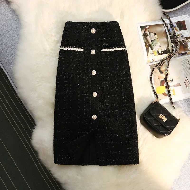 Black white tweed long skirt womens autumn winter new shiny silk womens retro high waisted A-line packaging Skirt Office for women M250424