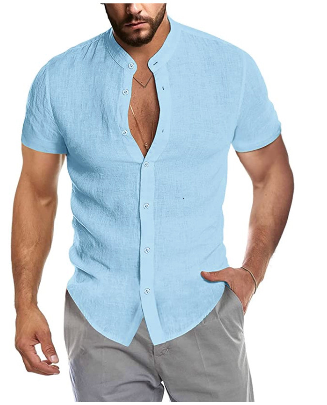 2021 summer V-neck linen new cardigan stand collar short sleeve mens shirt