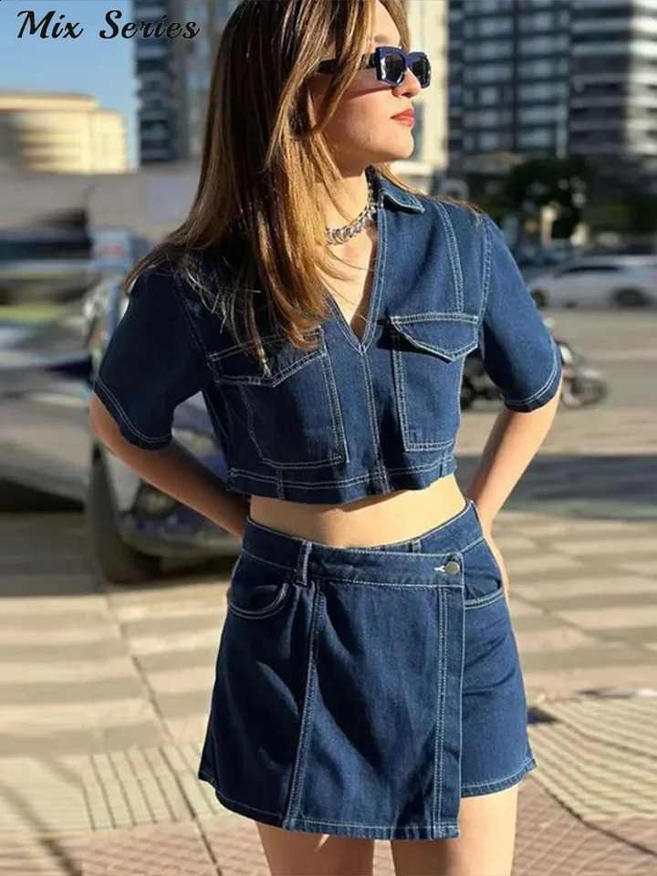 Denim irregular hem tight shorts set for womens ultra-thin short sleeved V-neck crop top high waisted shorts womens Y2k streetwear 250422
