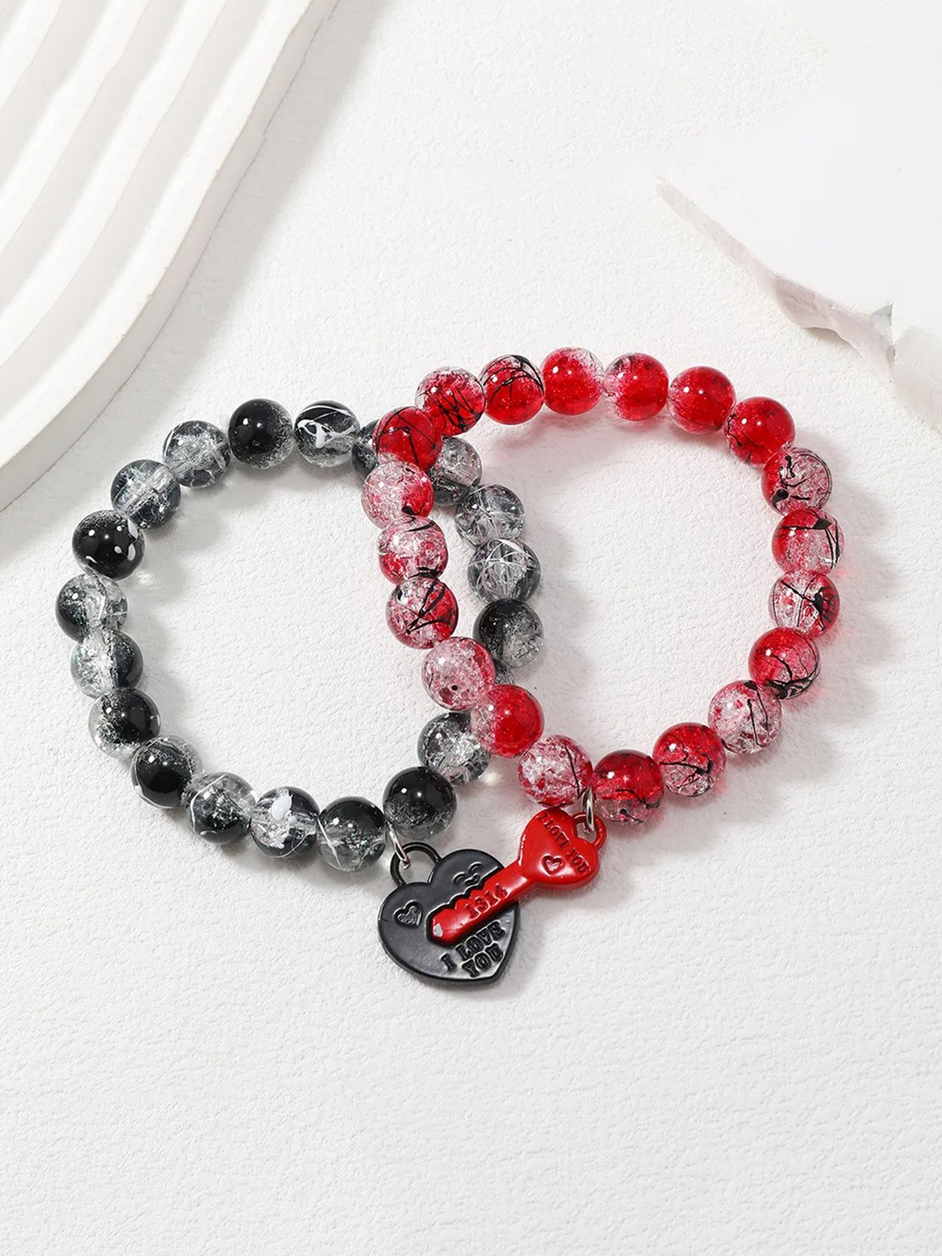 Couple - style Crackle Glass Bead Bracelets with Heart - shaped Pendant