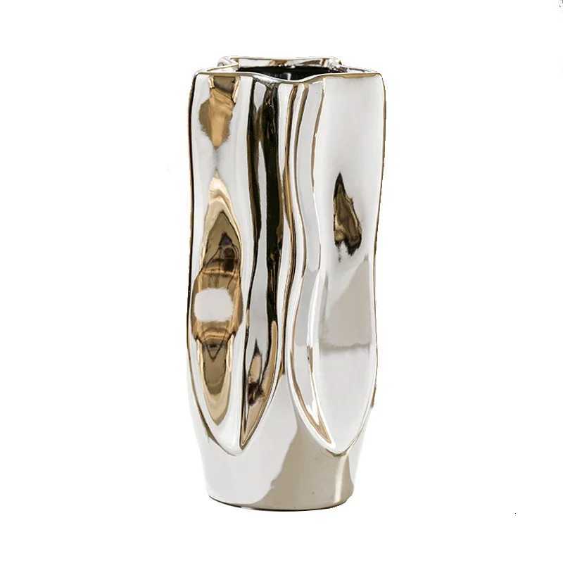 Ceramic Vase Flower Luxury Electroplated Silver Arrangement Irregular Porcelain Hydroponic Vase Ornament Interior Art Decoration C2511243
