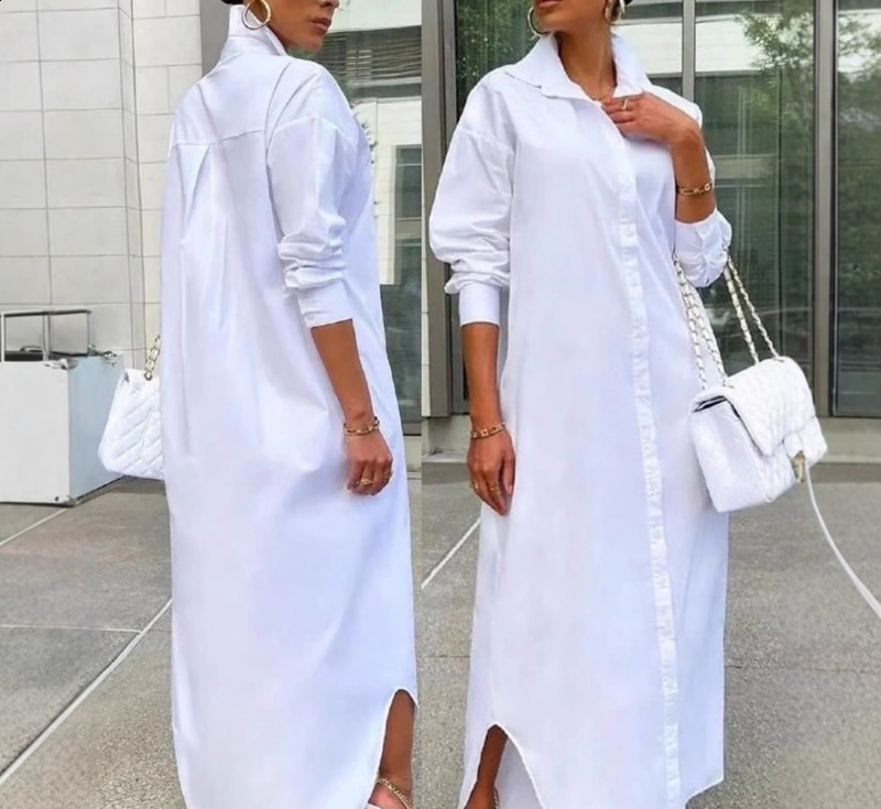 Autumn Long Dress Long Sleeve Shirt Dress Women Character Print Pockets Side Split Button Maxi Loose Casual White Shirt Dress 200928