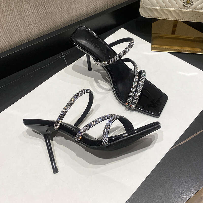 Woman Sandals Summer New Fairy Feng Shui Diamond High Women S Thin Heels Square Headed Lacquer Leather One Line Strap Beautiful Cool Slippers Women