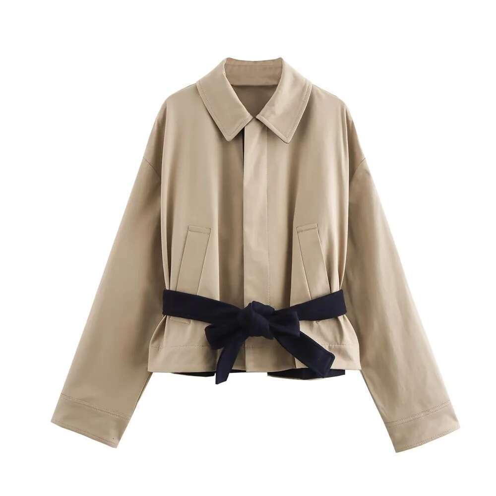 Designer Clothes Autumn New Product Women's Casual Versatile Belt Decoration Solid Color Collar Jacket Windbreaker Style Short Coat