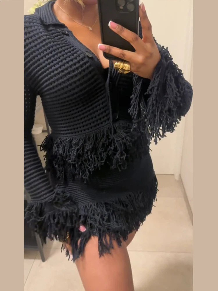 Sexy Knitted Tassel Top Womens Long Sleeve Collar Single Chest Top Folded Mini Skirt Fashion Solid Womens Set 250423