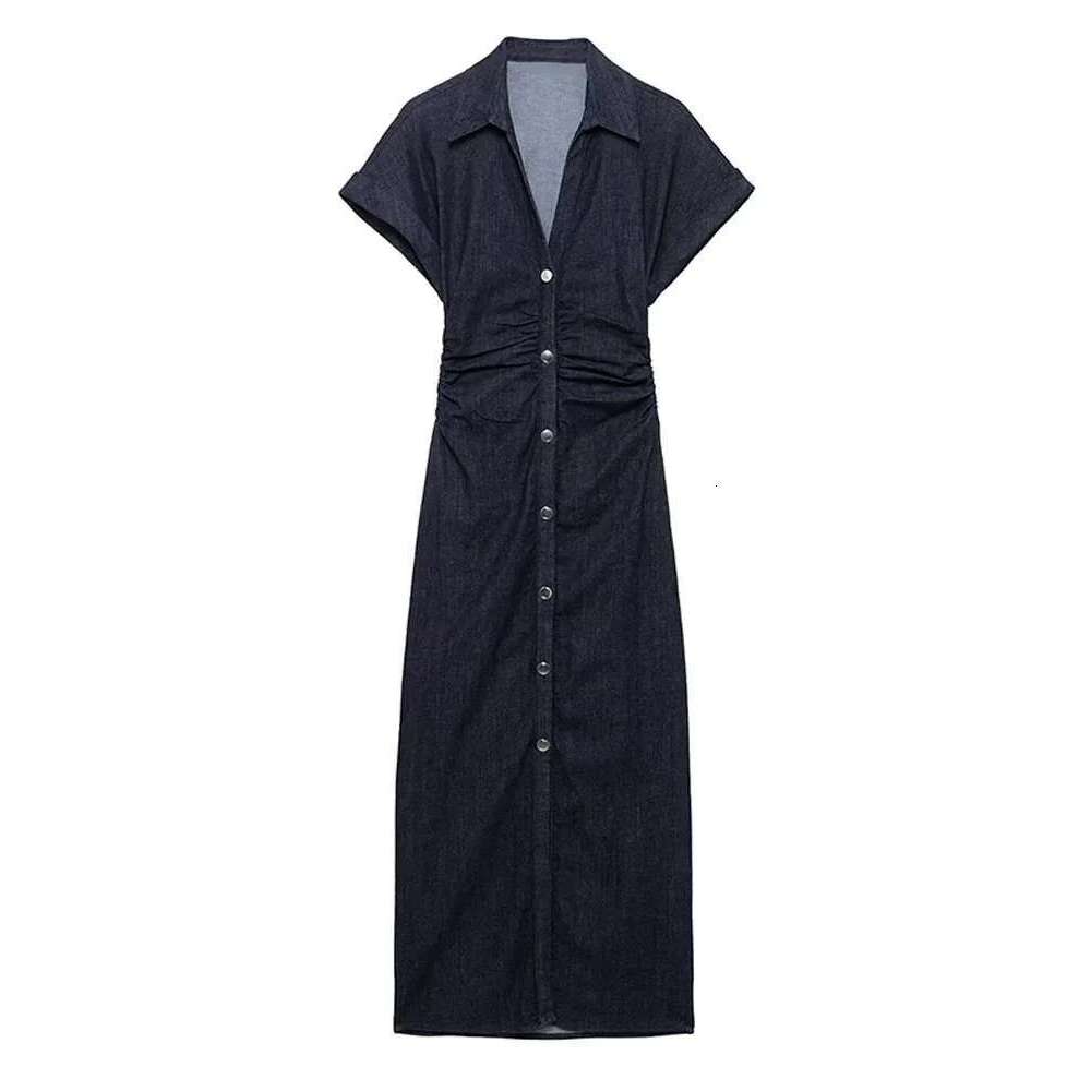 Elegant Pleated Women Denim Dress Turn-Down Collar Single Breasted Slim Female Long Dresses 2025 Summer New Fashion Lady Robe