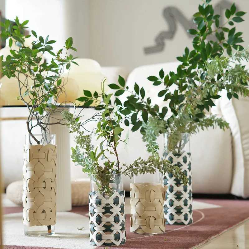 Straight glass vase living room light luxury high-grade hand-woven leather ornament flower decoration C251124