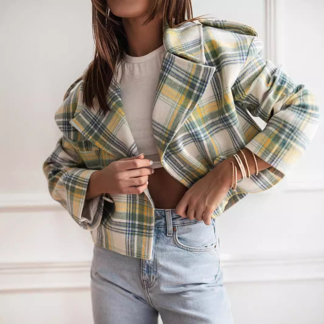 2024 new autumn and winter fashionable British suit collar plaid printed woolen jacket for women