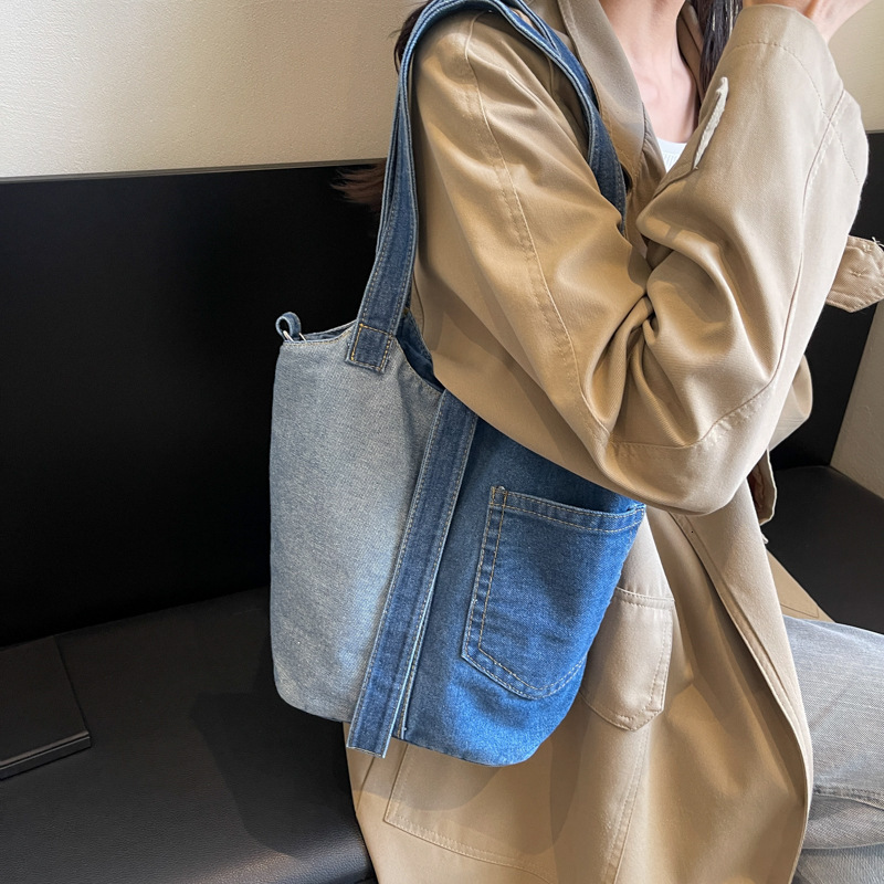designer bag Small niche bucket canvas women's 2024 Korean version artistic fashion handbag shoulder spliced denim crossbody bag