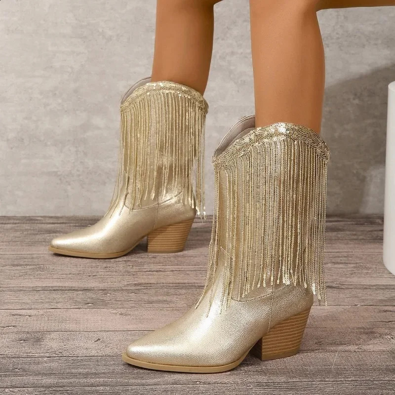 Shoes for Women Fringed Sequin Fashion Womens Boots Comfortable Square Heel Modern Boots Gold Platform Boots 250418