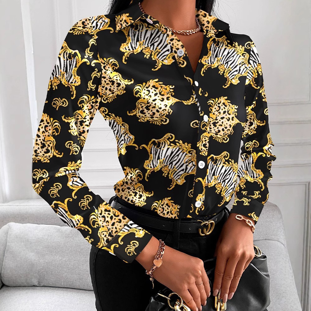 2021 autumn loose long sleeve V-neck button printed shirt womens wear