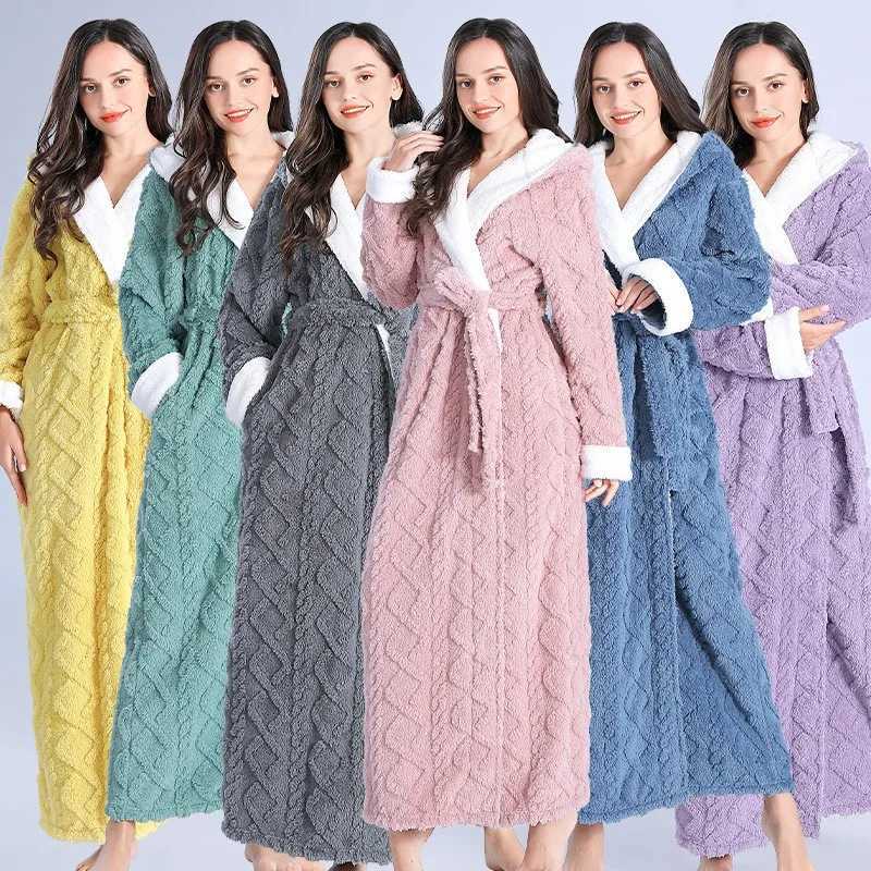Women Men Thermal Luxury Flannel Extra Long Bath Robe Winter Sexy Jacquard Bathrobe Warm Kimono Dressing Gown Hooded Robes C251124