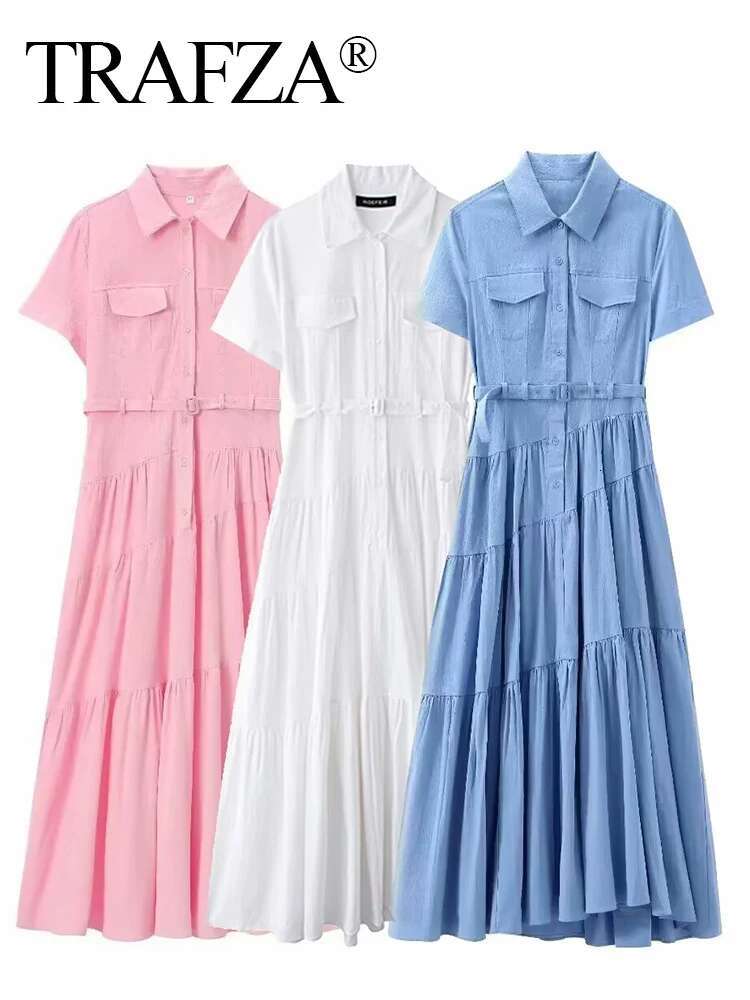 TRAFZA 2024 Female Elegant Long Dresses Solid Turn-Down Collar Short Sleeves Belt Single Breasted Women New Chic Summer Dress