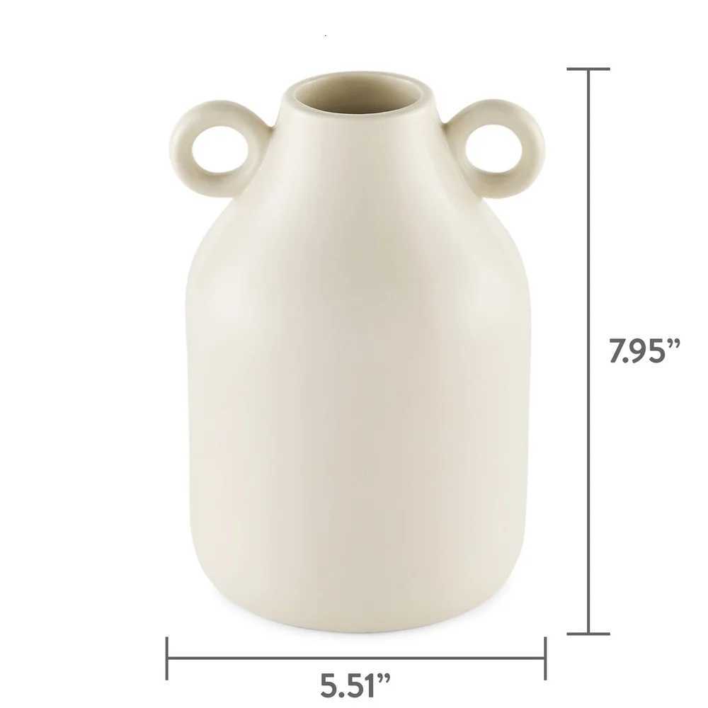Handcrafted Ivory Ceramic Vase with Handles Decorative Tapered Design Flowers Home Decor Indoor Tabletop Counter Shelf C251124