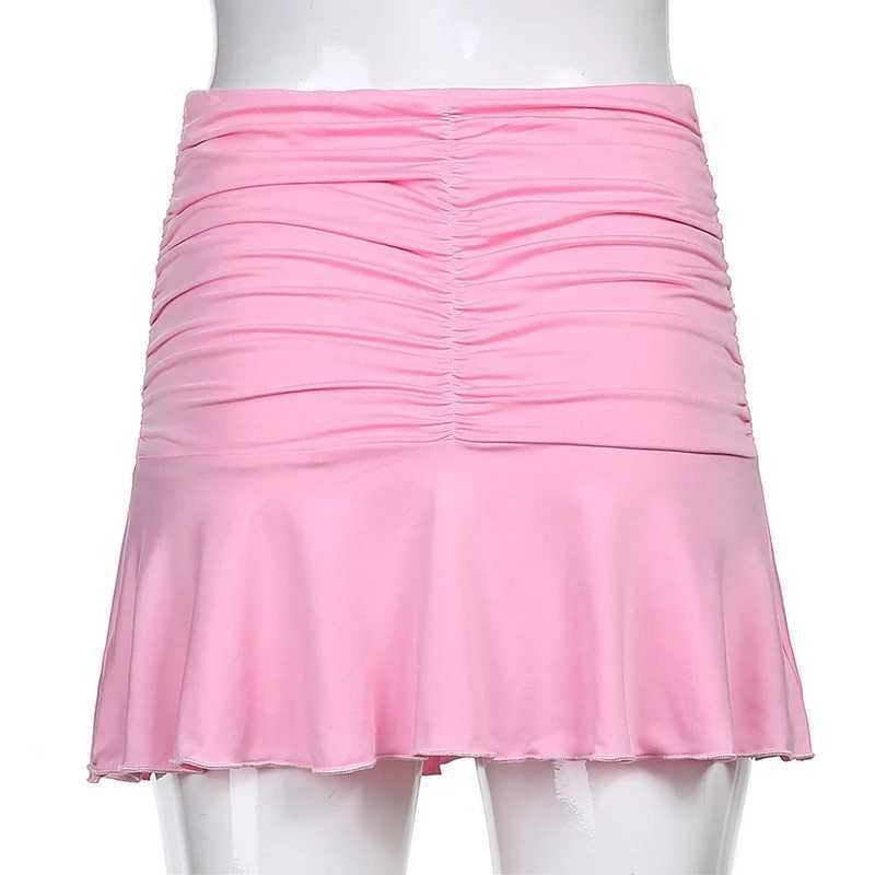 Summer Ruched Skirts for Women White Y2K Mini Beach Wear High Waist Casual Short Skirt Fashion Korean Fold Skiing M250424
