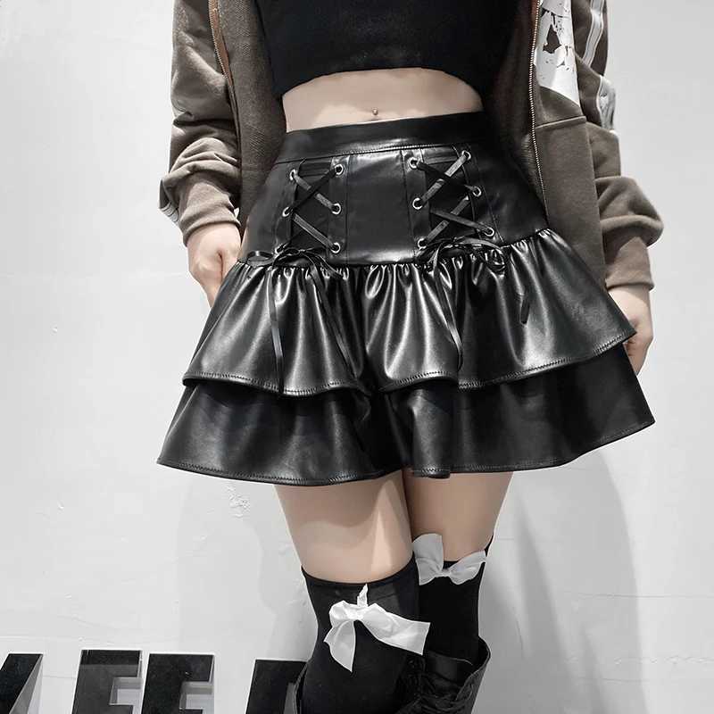 PU Leather Mini Skateboarding Punk Style High Waist Lace with Black Wrinkles Skateboarding Street Clothing for Girls Dark Academic Clothing M250424