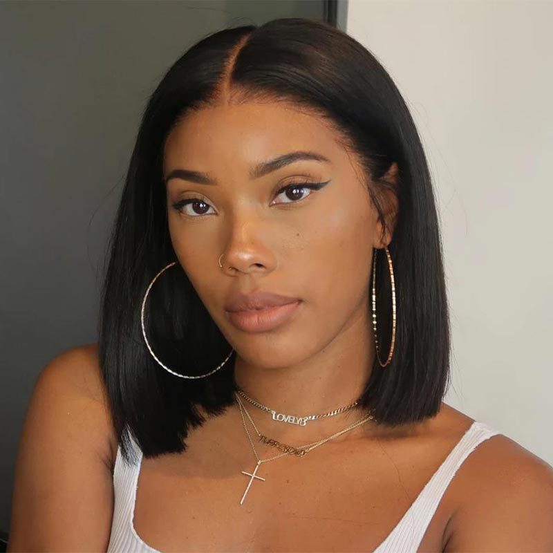 Short Straight Black Human Hair Bob Wig Really Human Hair For Women Preplucked Hairline Fashion Glueless Wigs Free Style Lace Front Wig Bob Highlight 