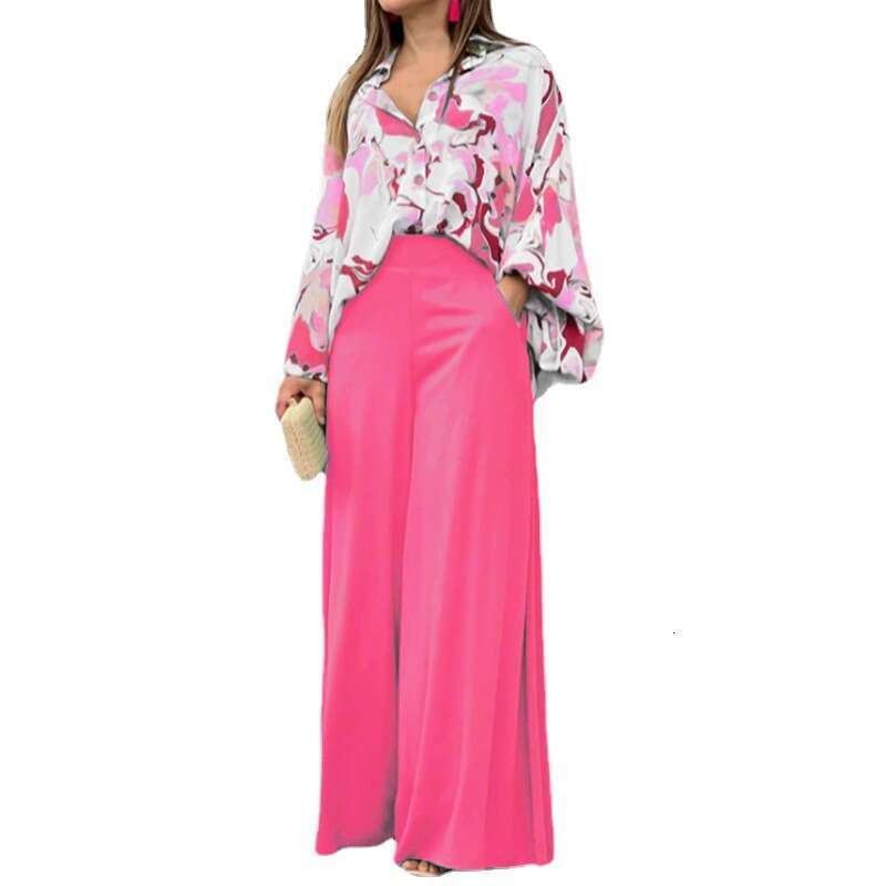 2025 Women's Autumn Printed Shirt Elegant Wide Leg Pants Fashion Casual Set