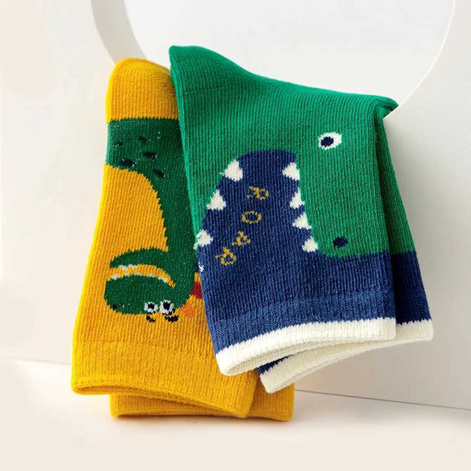 5 Pairs of CHIldrens Floor SOCKS with Letter Stripes BigEyedD inosaurP atternB oysa ndG irlsB abyT oddlerS oftSoledIn doorNo nSlipMid CalfSock sSuit a