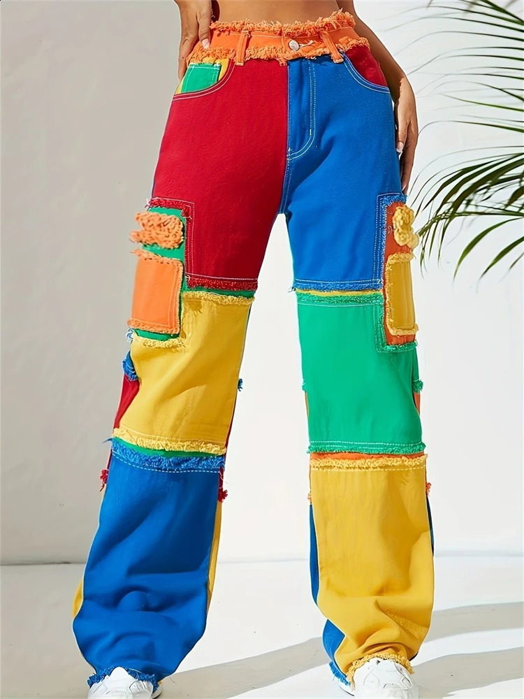 Womens multicolor stitched burr straight jeans cool girls high waisted streetwear fashionable pants denim Trouser 250417