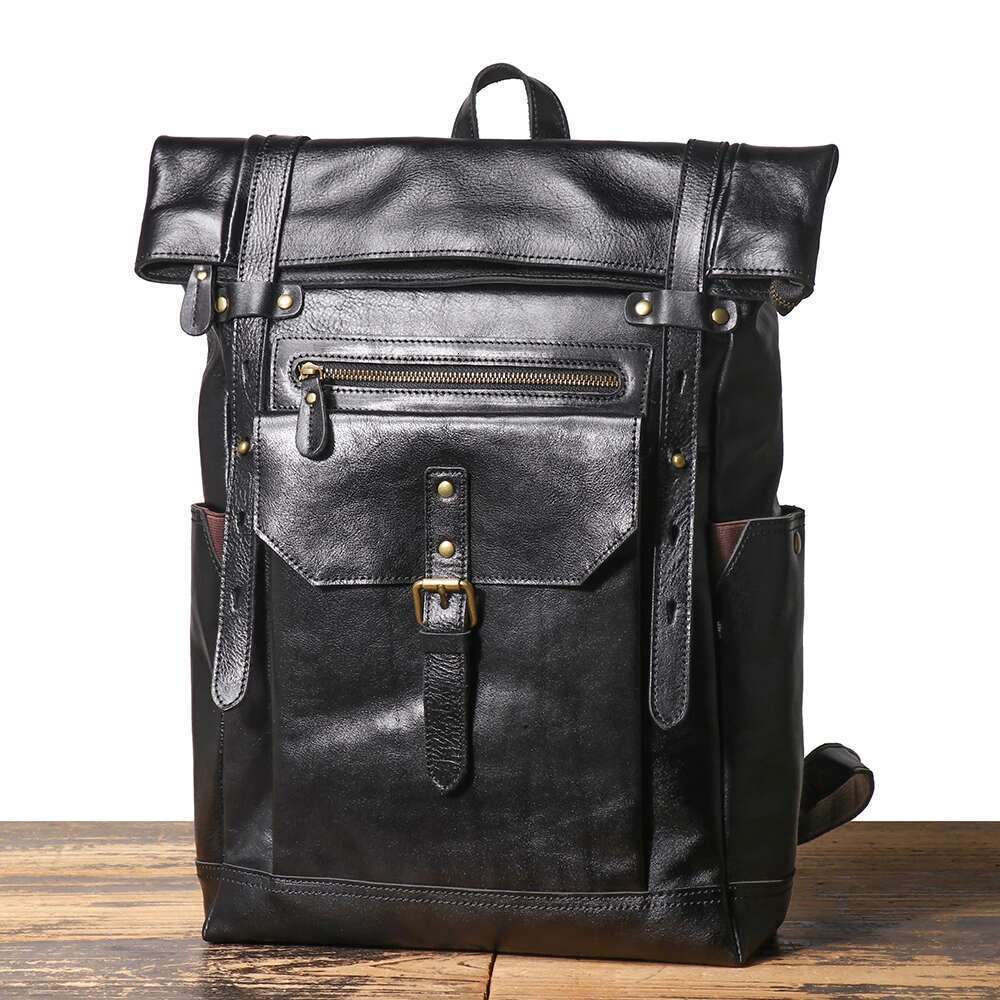 LUOKIR Genuine Leather Men's Large Capacity Backpack, First Layer Cowhide Outdoor Travel School Bag, 17-inch Laptop Bag