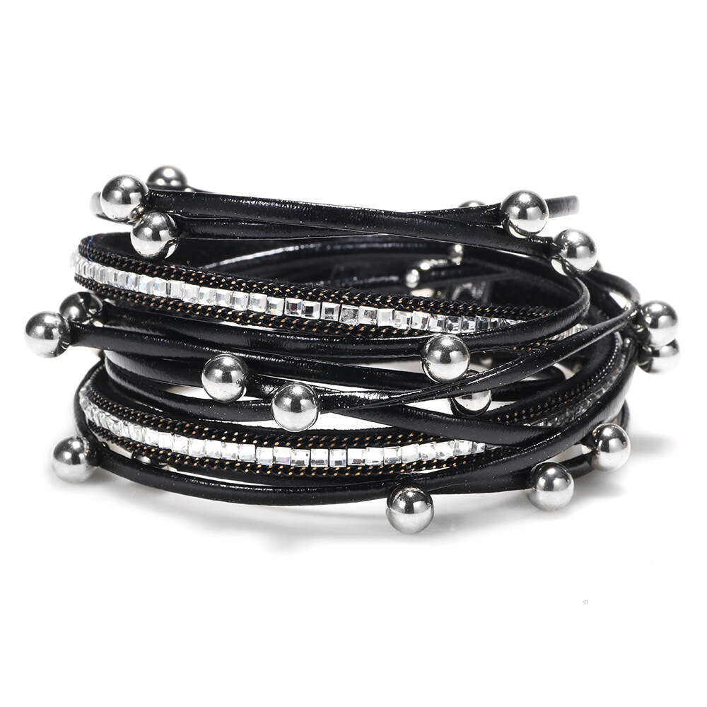 Temu Fashion Leather Inlaid with Water Dia Pearl Multi Loop Wrapped Magnetic Buckle Bracelet Jewelry