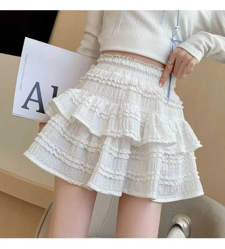 Gidyq Cute Lace Mini Skirt Womens Kawaii White Ruffle Fold Skirt Summer Korean High Waist Black Casual A-line Skirt M250424