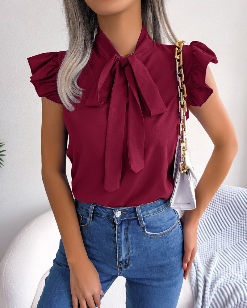 2023 new summer solid color simple bow short sleeved shirt for women
