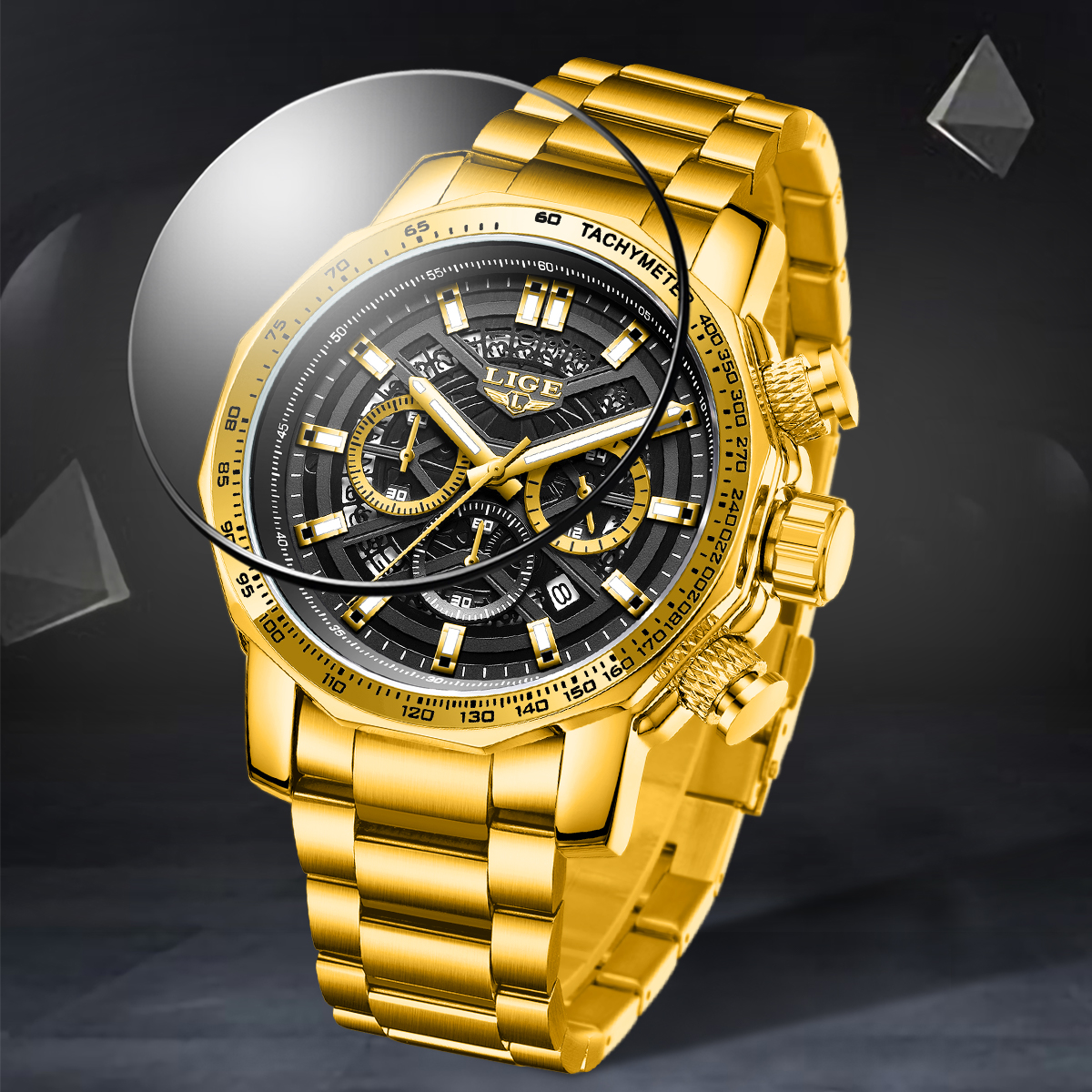 LIGE Men's Steel Strip Calendar Watch Men's Watch Six Pin Multi functional Waterproof Calendar Men's Watch