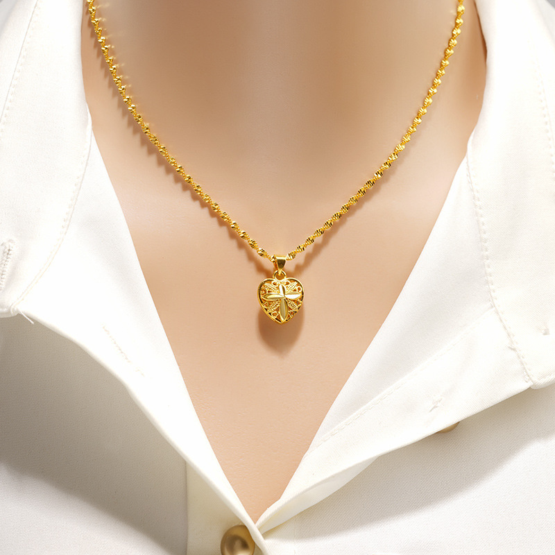 Vietnamese Gold-Toned Brass Hollowed Out Fortune Bag Pendant Necklace with Retro Design