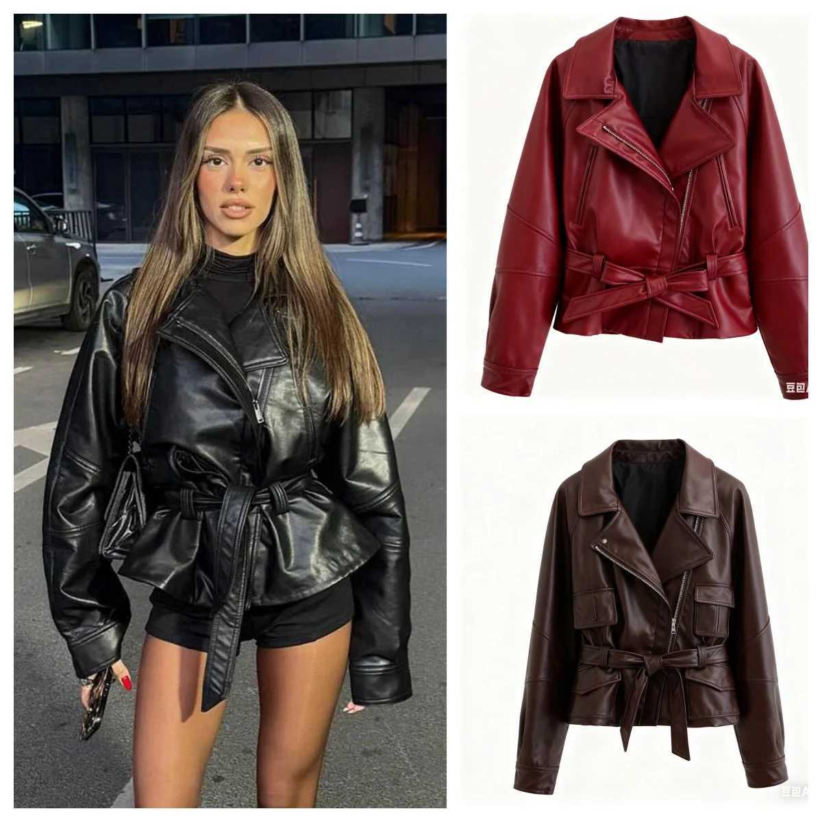 HH Women Vintage Motorcycle Jacket With Belt Faux Leather Trench Coat Long Sleeve Lapel Zipper Jacket Autumn High Street Outwear J251124