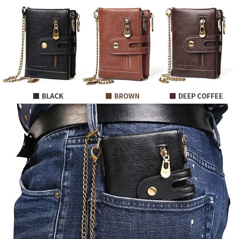Designer Bag 2025 Theft Men's PU Leather Retro Style Short Bifold Zipper Wallets Credit Card Coins Storage With Anti Loss Chain Wallet Luxury Bag