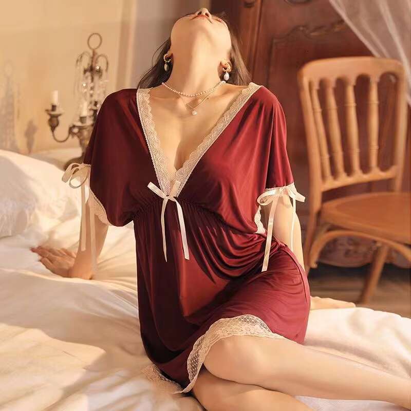Women's Sexy Breathable Summer Evening Lingerie Non-Slip Off-The-Shoulder V-Neck Lace Dresses Knee Length