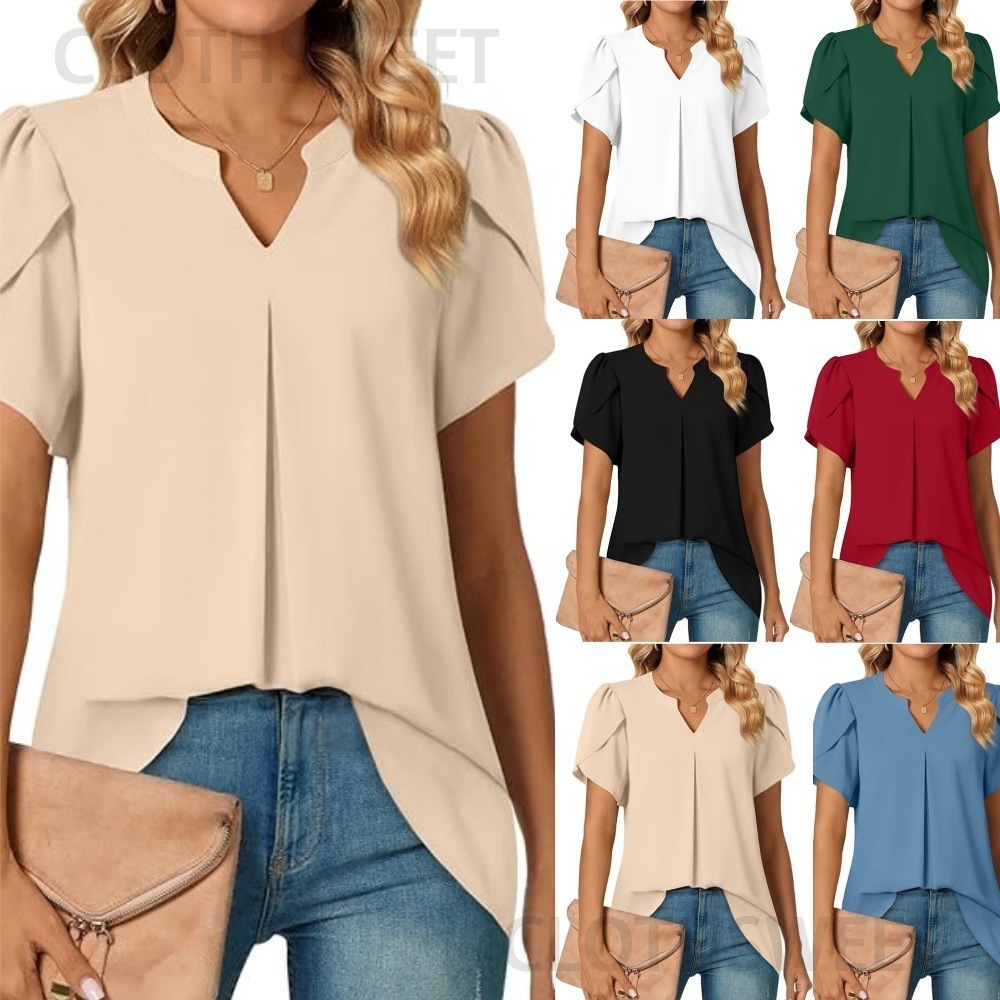 2024 summer simple and fashionable V-neck petal sleeve shirt for women