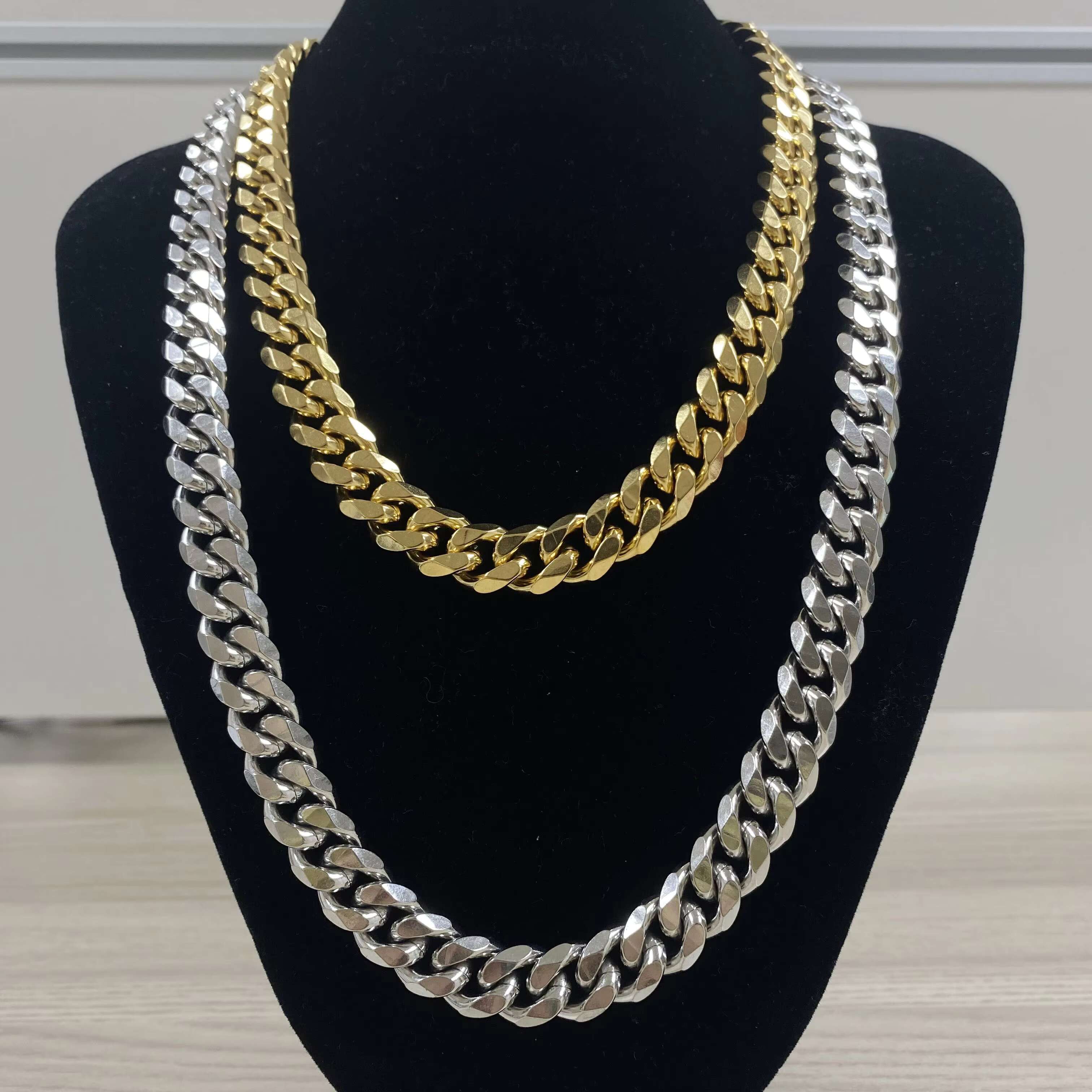 Olivia Wholesale Waterproof 12mm Man Cuban Link Chain Stainless Steel 18k 22k Gold Silver Plated Chunky Fashion Jewelry