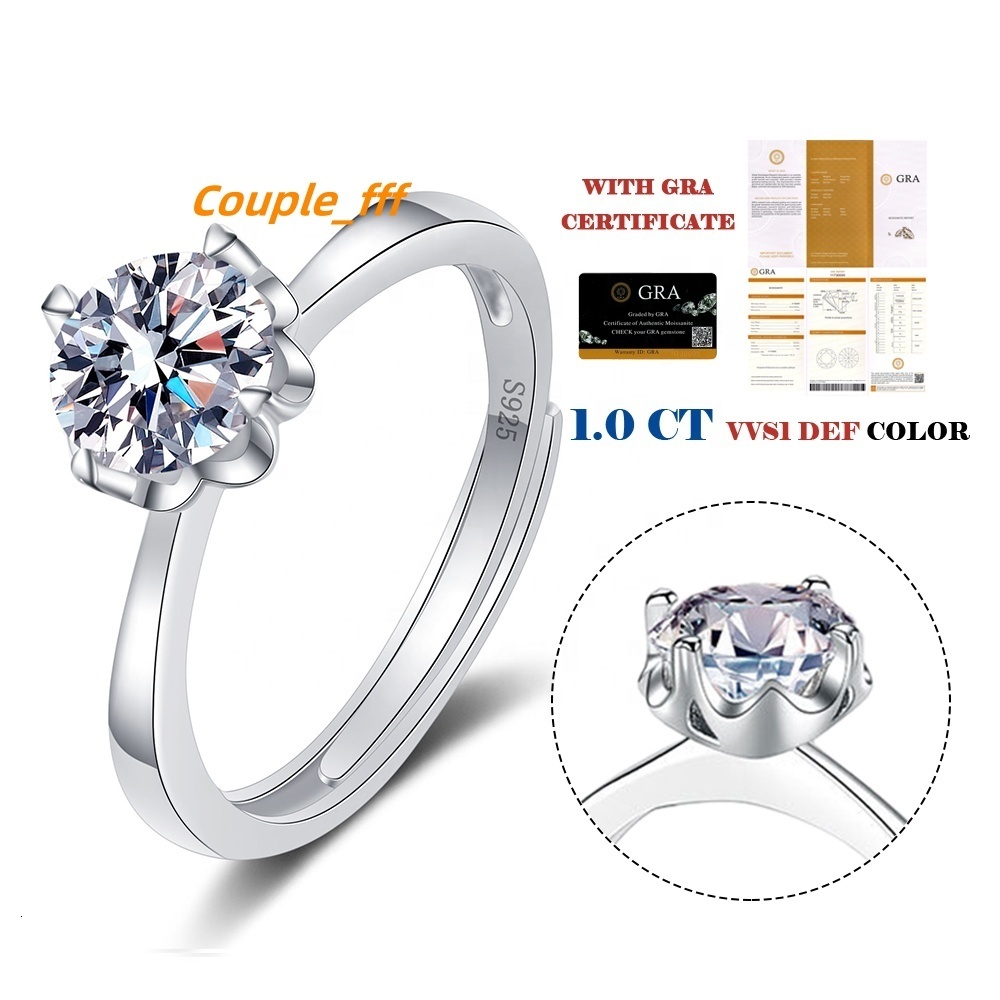 High Quality Moissanite Jewelry 1ct Moissanite Adjustable Ring 925 Silver Rhodium Plated for Engagement Wedding Gift