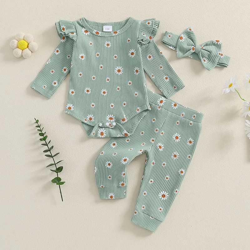Clothing Sets 2024-06-13 Lioraitiin Baby Girl Ribbed Outfit Print Long Sleeve Romper Elastic Waist Pants Headband 3Pcs Set for Fall R250424