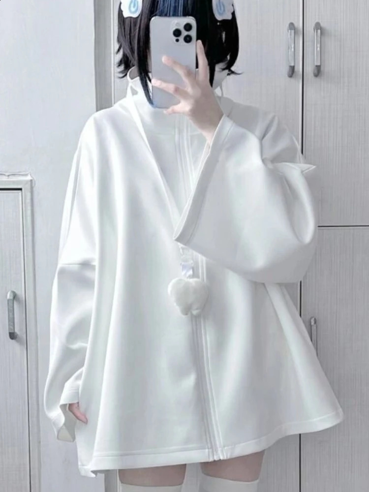 Spring Japanese casual solid hooded womens loose Y2k aesthetic over embroidered outerwear Harajuku zipper pleated sweatshirt 250422