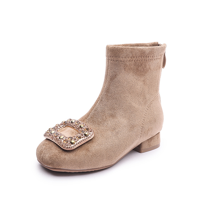 2025 New Style Girls' High-heeled Shiny Square-toe Short Boots with Rhinestone Buckles Warm Plush Fashion Boots for Autumn and Winter