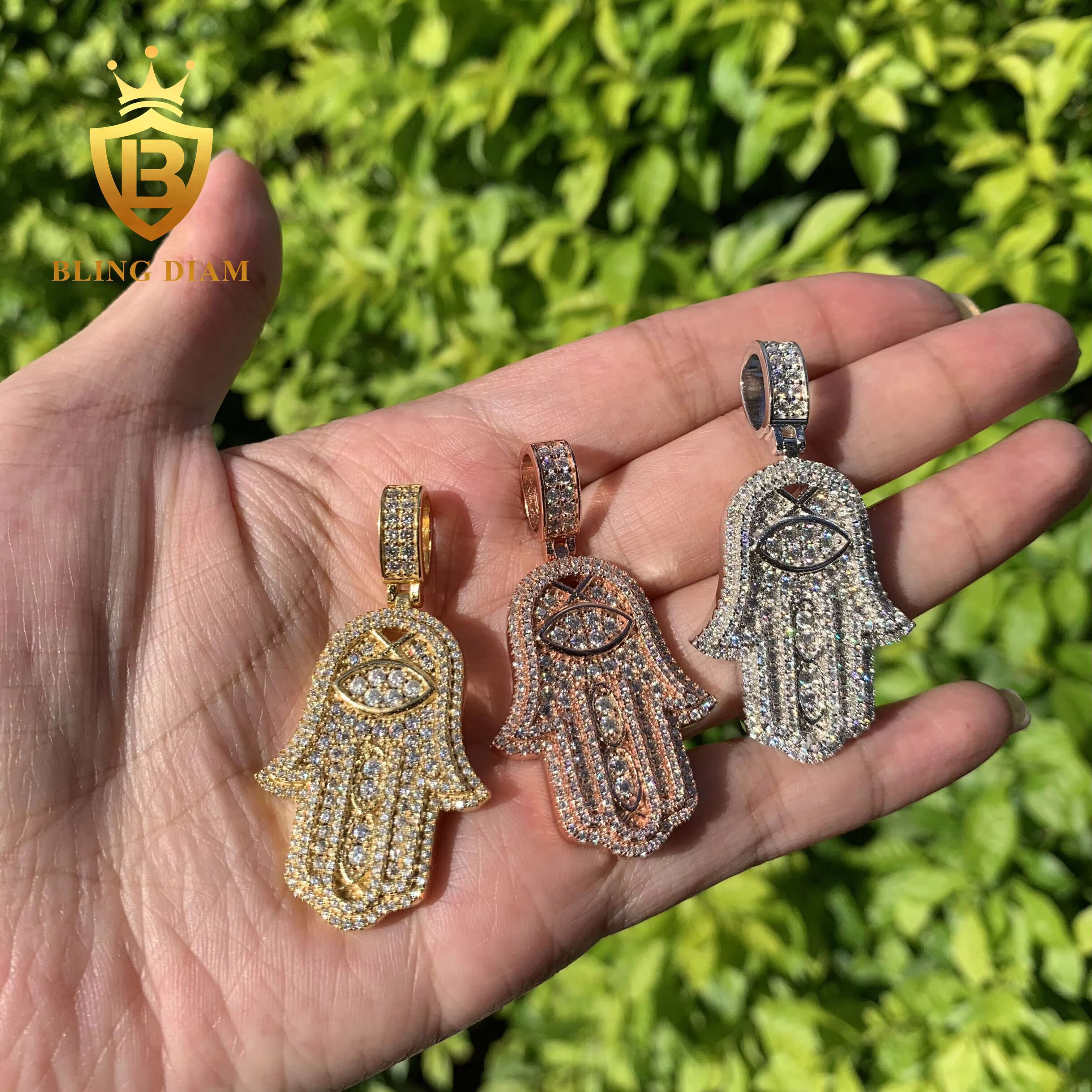 Shining 925 Sterling Silver Hip Hop Iced Out Vvs Moissanite Diamond Hasma Hand Pendant for Men Women