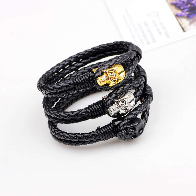 Temu hot selling personalized leather woven wristband skull head men's alloy buckle genuine cowhide bracelet trend