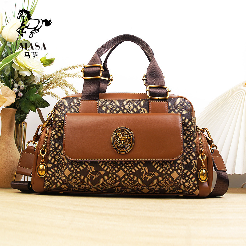 MASA Vintage Flower Fashion Handbag Middle Aged Women S Bag Light Luxury High End Texture Crossbody Bag Tote Bag