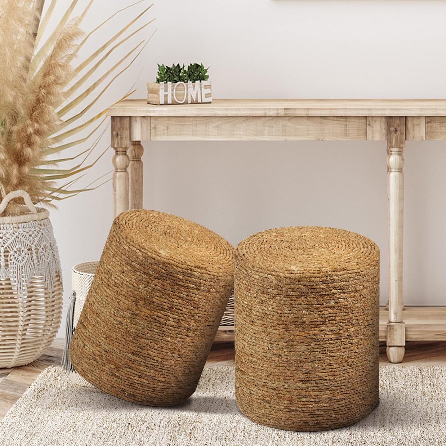 Natural Seagrass Foot Stool, Hand Weaving Round Ottoman, for Living Room, Outdoor Seat (Natural)