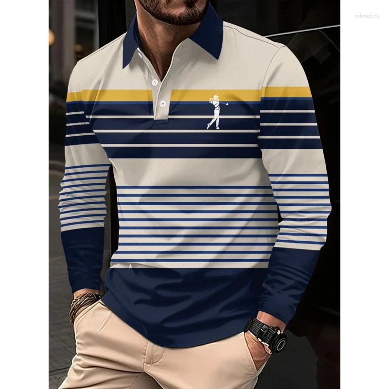 Men's Polos Long-sleeved Striped Polo Shirt High Tie Button Double-sided Velvet For Winter