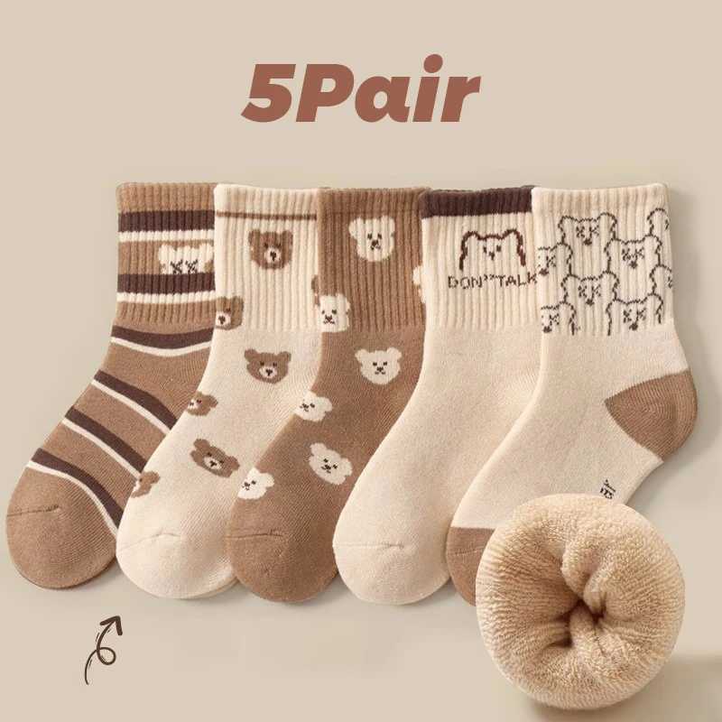 5 Pair Childrens Socks Autumn and Winter Thickened Velvet Loop Socks for Girls and Boys Cute Bear Middle Socks G251124