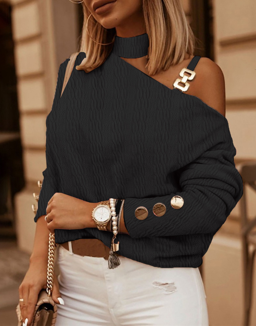2023 new fashionable and sexy chain button decoration long sleeved shirt for women