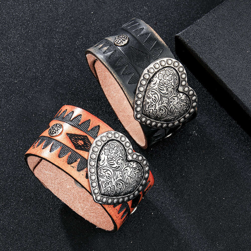 Temu High end Cowhide Love Antique Metal Accessories Imprinted Totem Genuine Leather Bracelet for Men
