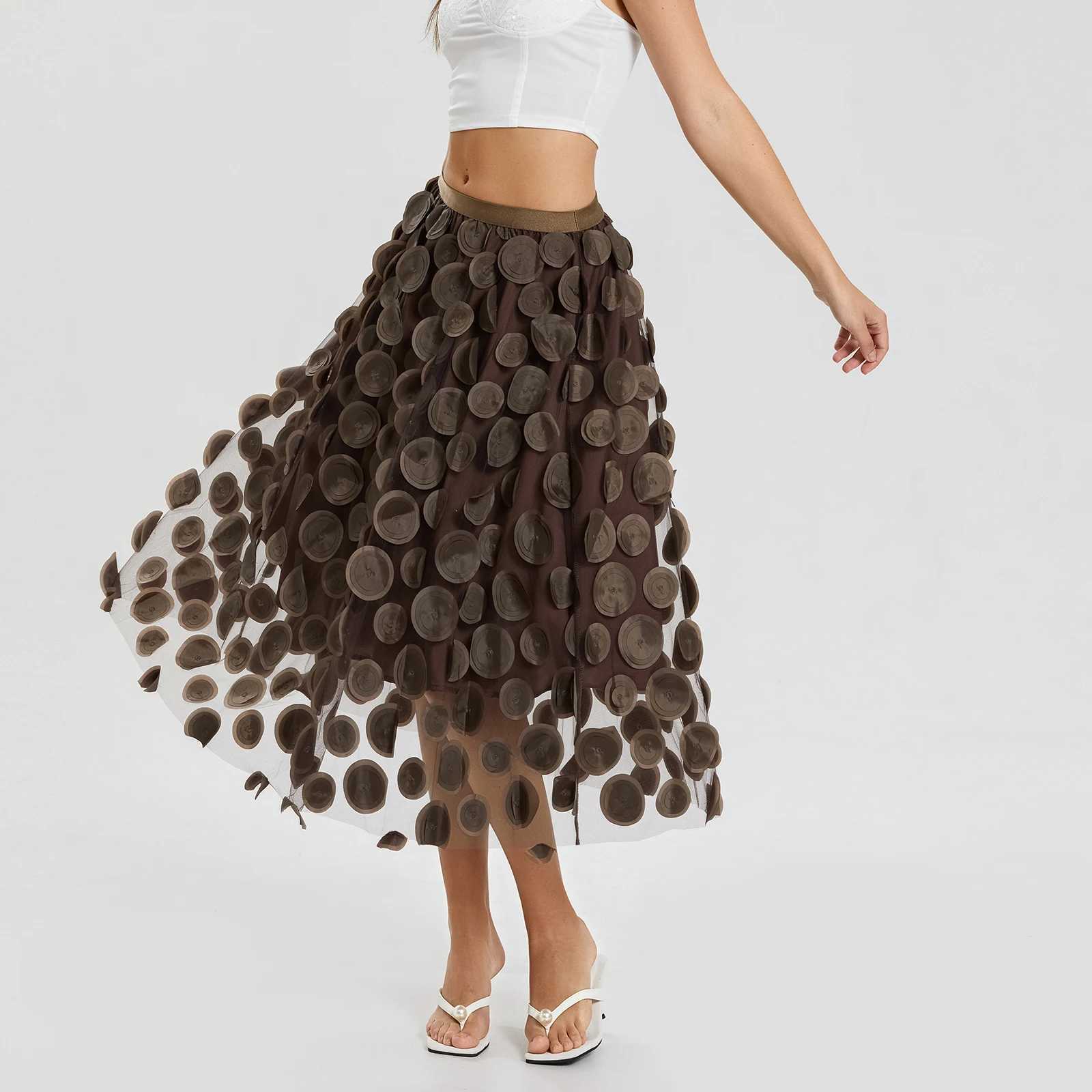 Womens sheer Tutu Skirt solid color 3D point elastic mesh fairy A-Line beach party streetwear skiing M250424
